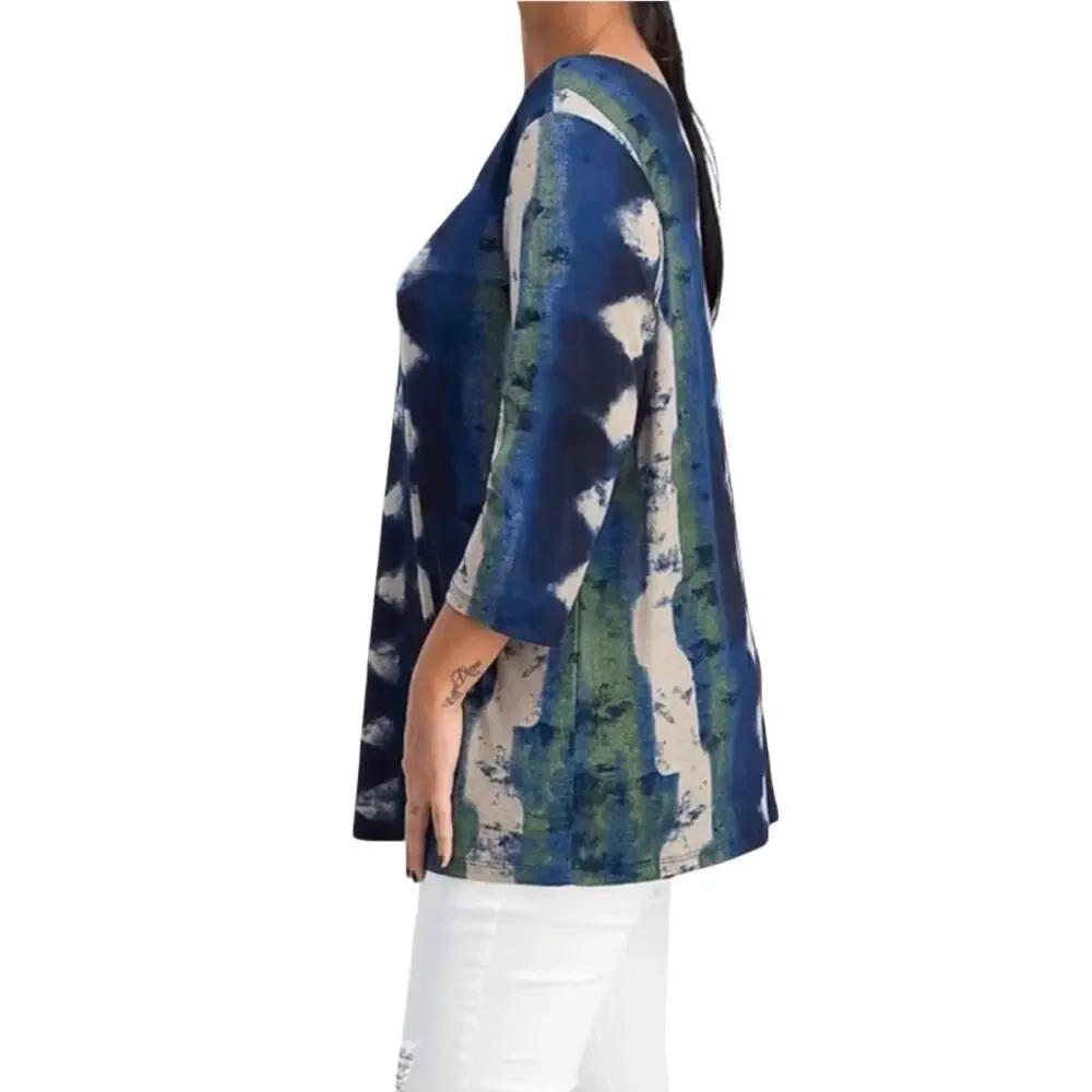 Clara Sunwoo Blue Geometric Patterned Silky Stretch Knit Tunic Top